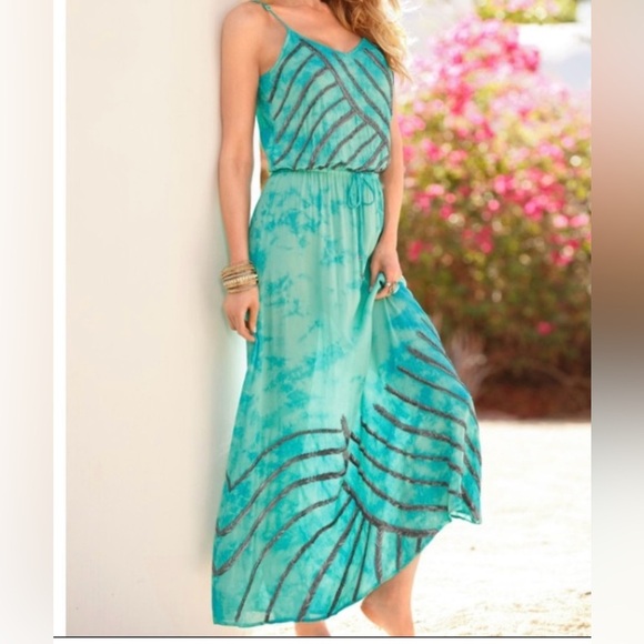 Elegant Boston Proper XS Aqua Tie Dye Maxi Prom Beaded Dress Vacation Summer - Picture 1 of 11